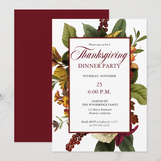Rustic Dark Red Floral Bouquet Thanksgiving Dinner Invitation (Front/Back)