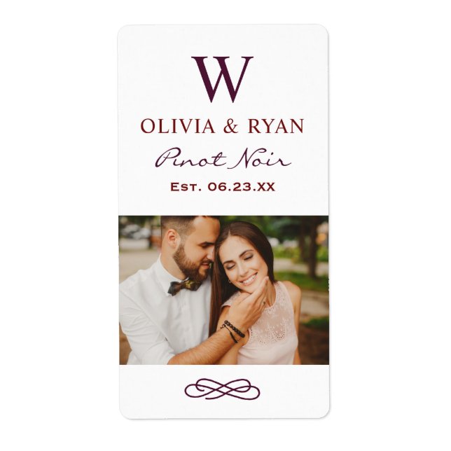 Rustic Dark Red Monogram Wine Wedding Favor Label (Front)