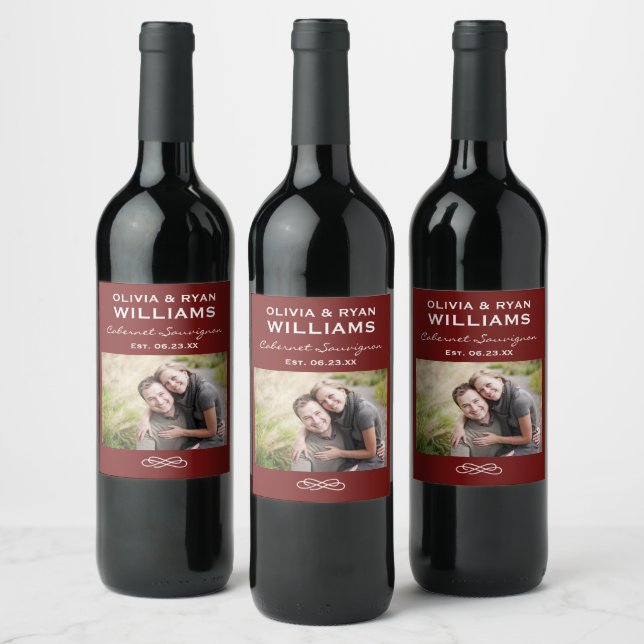 Rustic Dark Red Photo Wedding Wine Label (Bottles)