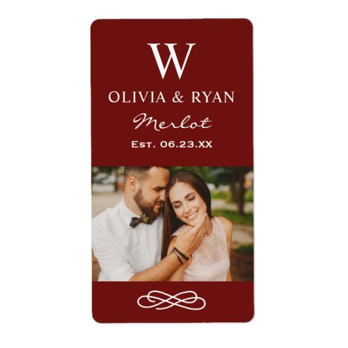 Rustic Dark Red Wedding Monogram Wine Photo Label