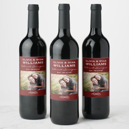 Rustic Dark Red Wedding Photo Monogram Wine Label