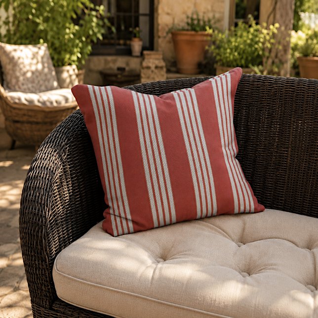 Rustic Dark Red White Gray Striped Pattern Outdoor Pillow (Creator Uploaded)