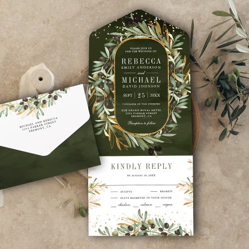 Rustic Dark Sage Green Gold Olive Leaves Wedding All In One Invitation