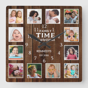 Rustic Dark Wood 12 Photo Collage Family Time Square Wall Clock