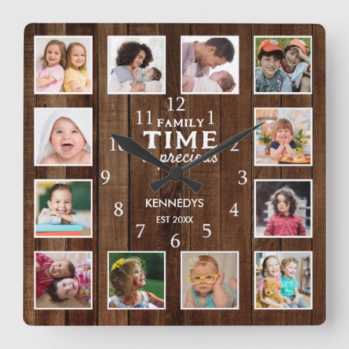 Rustic Dark Wood 12 Photo Collage Family Time   Square Wall Clock