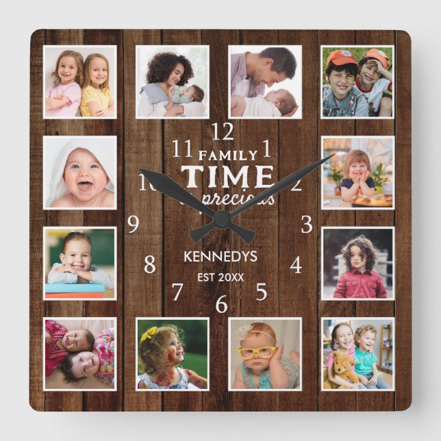 Rustic Dark Wood 12 Photo Collage Family Time   Square Wall Clock (Front)