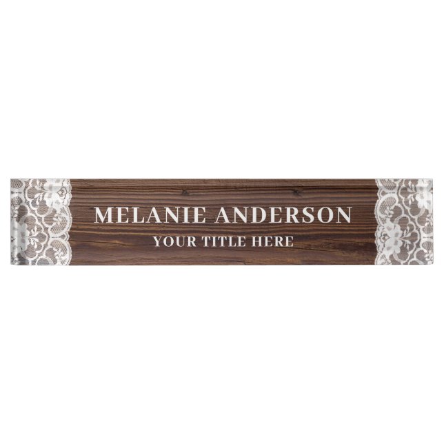 Rustic Dark Wood and Lace Wedding Planner Desk Name Plate (Front)