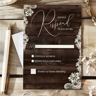 Rustic Dark Wood and Lace Wedding Response Card