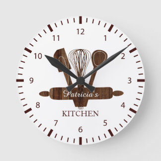 Rustic Dark Wood And White Personalized Kitchen Round Clock