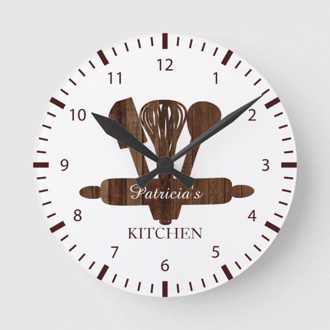 Rustic Dark Wood And White Personalized Kitchen   Round Clock (Front)