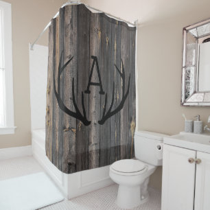 Rustic Dark Wood Antlers Monogram Shower Curtain