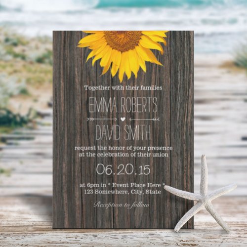 Rustic Dark Wood Background Sunflower Wedding 5x7 Paper Invitation Card