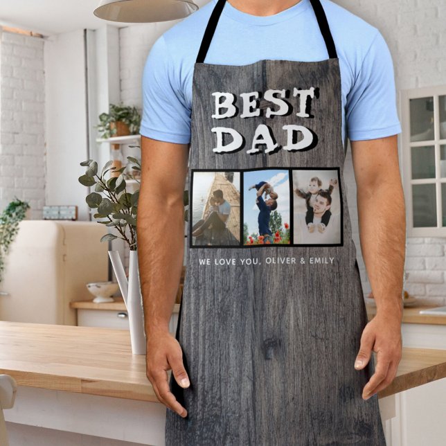 Rustic Dark Wood Best Dad 3 Photos Keepsake  Apron (Creator Uploaded)
