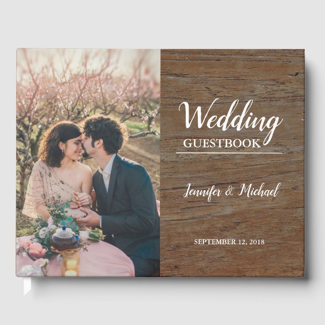 Rustic dark wood bride and groom photo Wedding Guest Book (Front)