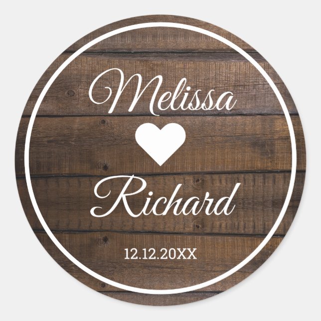 Rustic Dark Wood Country Wedding Favor   Classic Round Sticker (Front)