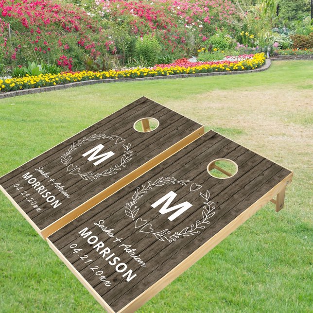 Rustic Dark Wood Couple Monogram Heart Wreath Cornhole Set (Creator Uploaded)