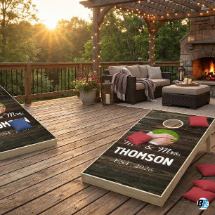 Rustic Dark Wood Custom Photo Mr. & Mrs. Wedding Cornhole Set