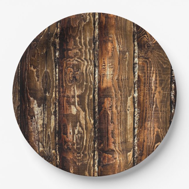Rustic Dark Wood Disposable Paper Plates (Front)