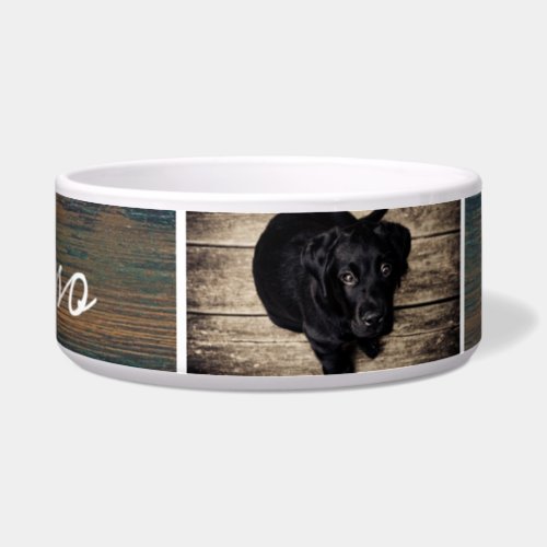 Rustic Dark Wood Dog Name in Black Script 2 Photo Bowl - Rustic dark wood with dog`s name and 2 photos. This dog bowl comes with a dog`s name in white script and 2 photos - personalize the bowl with your dog`s name and insert two of your photos into the template.