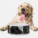 Rustic Dark Wood Dog Name in Black Script 2 Photo Bowl<br><div class="desc">Rustic dark wood with dog`s name and 2 photos. This dog bowl comes with a dog`s name in white script and 2 photos - personalize the bowl with your dog`s name and insert two of your photos into the template.</div>