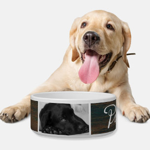 Rustic Dark Wood Dog Name in Black Script 2 Photo Bowl