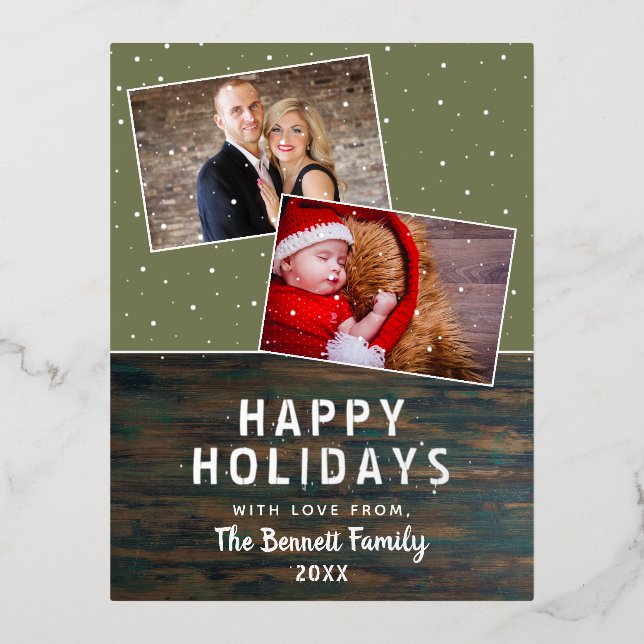 Rustic Dark Wood Family 2 Photos Silver Foil Holiday Postcard (Front)