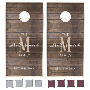 Rustic Dark Wood Family Monogram Name Custom Cornhole Set