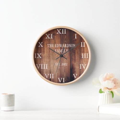 Rustic dark wood family name farmhouse clock