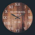 Rustic dark wood family name farmhouse large clock<br><div class="desc">Rustic,  dark barn wood wall clock with large Roman numbers.
You can personalize and add your own name and year established.</div>