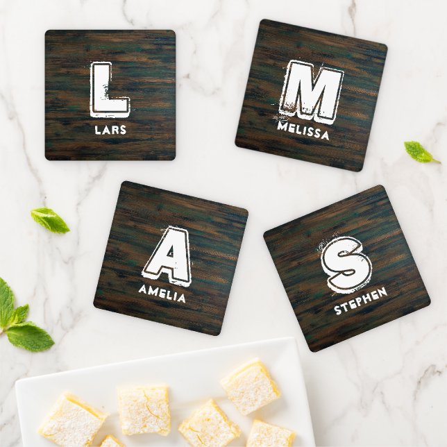 Rustic Dark Wood Family Name Monogram Coaster Set (In Situ)