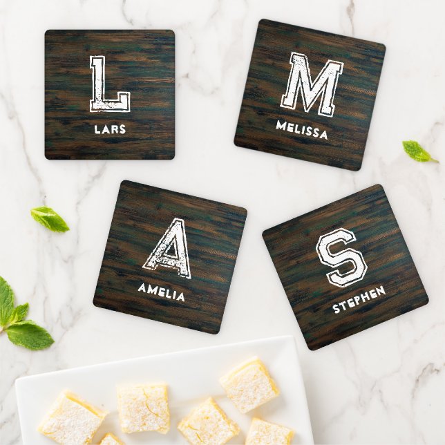 Rustic Dark Wood Family Name Monogram Coaster Set (In Situ)