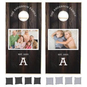 Rustic Dark Wood Family Name Monogram Photo Cornhole Set
