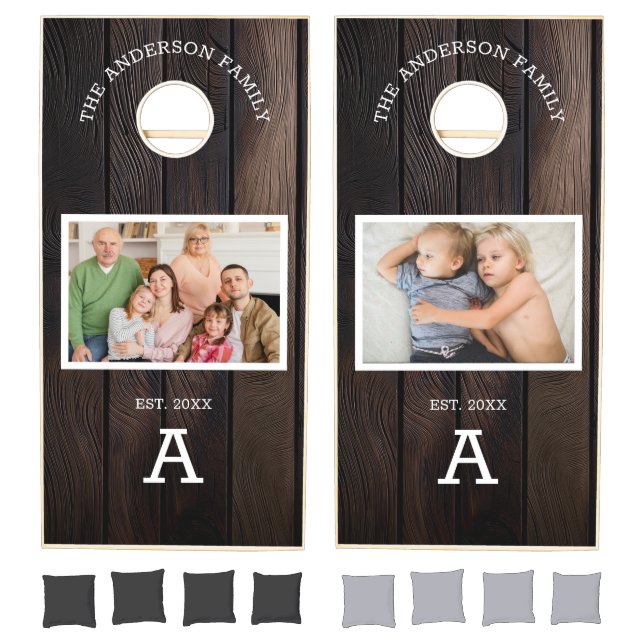 Rustic Dark Wood Family Name Monogram Photo Cornhole Set (Set)