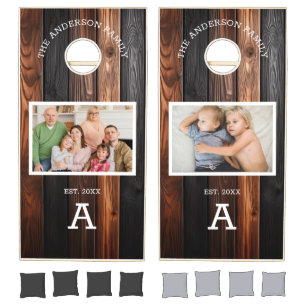 Rustic Dark Wood Family Name Monogram Photo Cornhole Set