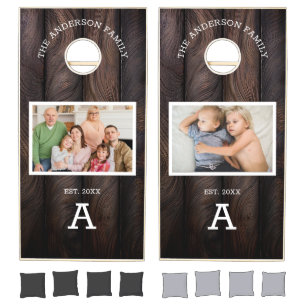 Rustic Dark Wood Family Name Monogram Photo Cornhole Set
