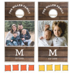 Rustic Dark Wood Family Name Photo Custom Monogram Cornhole Set