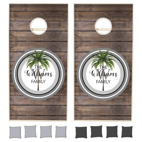 Rustic Dark Wood Farmhouse Palm Tree Monogram Cornhole Set