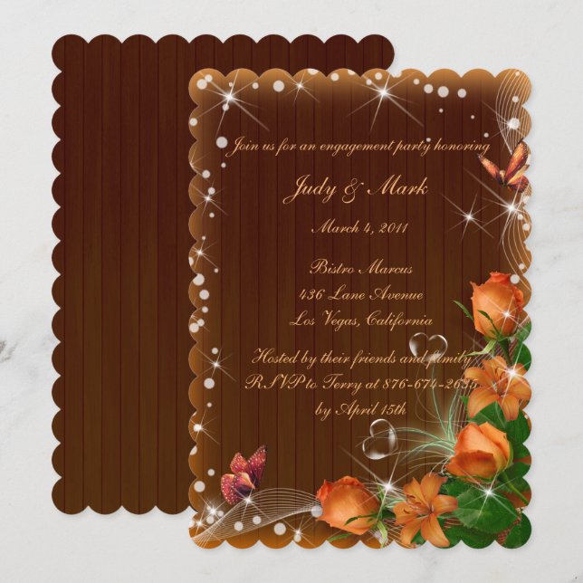 Rustic Dark Wood Floral Butterfly Engagement Party Invitation (Front/Back)