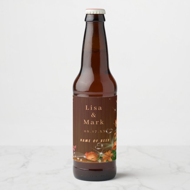 Rustic Dark Wood Floral Butterfly Wedding Beer Bottle Label (Front)