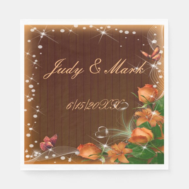 Rustic Dark Wood Floral Butterfly Wedding Paper Napkins (Front)