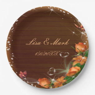 Rustic Dark Wood Floral Butterfly Wedding Paper Plates