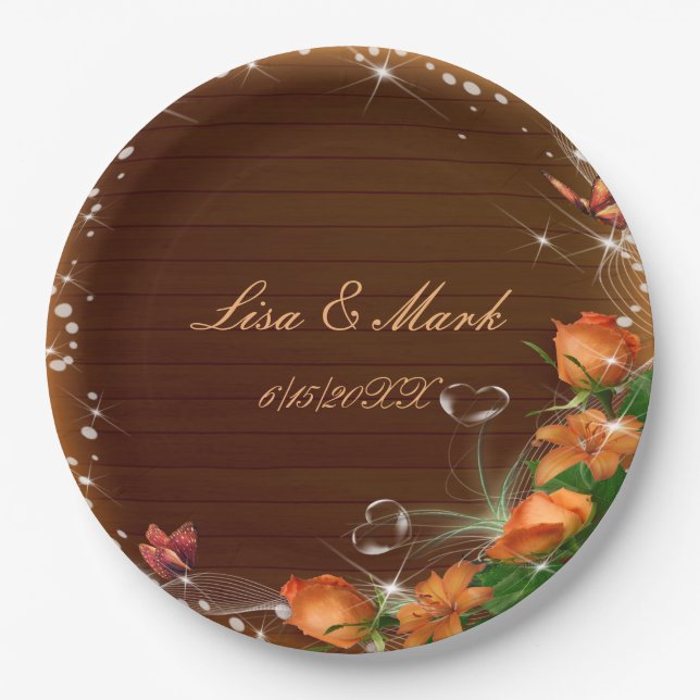 Rustic Dark Wood Floral Butterfly Wedding Paper Plates (Front)