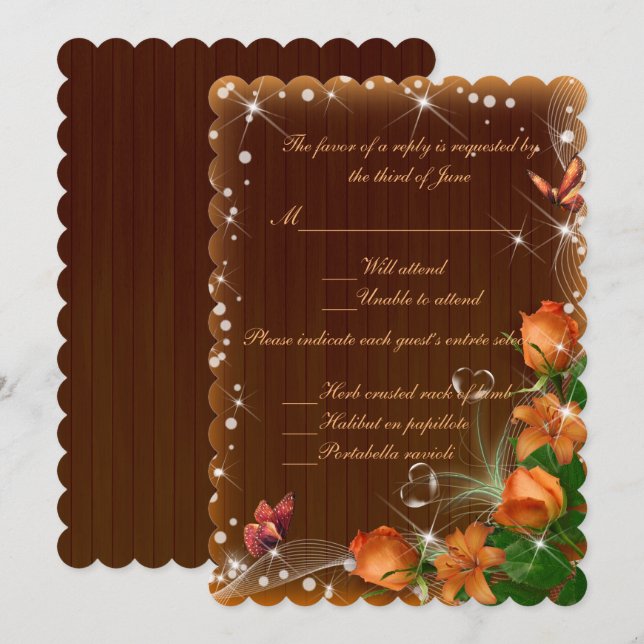Rustic Dark Wood Floral Butterfly Wedding Response Invitation (Front/Back)