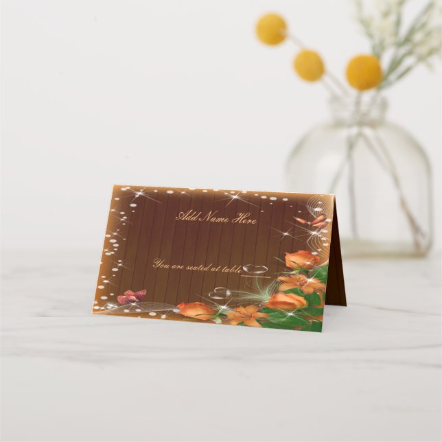 Rustic Dark Wood Floral Butterfly Wedding Table Place Card (Front)