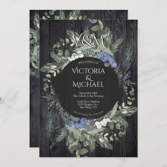 Rustic Dark Wood Floral & Pine  Winter Wedding Invitation (Front/Back)