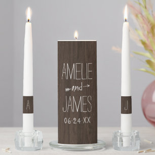 Rustic Dark Wood Grain Monogram Unity Candle Set