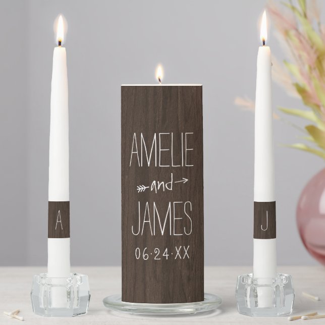 Rustic Dark Wood Grain Wedding Monogram Unity Candle Set (In Situ)