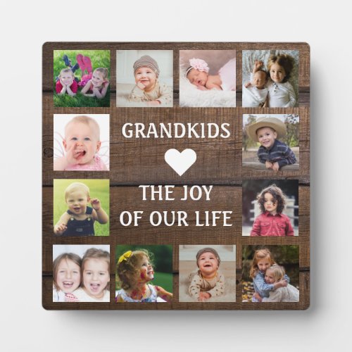 Rustic Dark Wood Grandkids Quote 12 Photo Collage Plaque