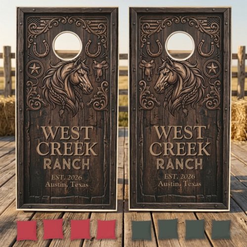 Rustic Dark Wood Horse Western Ranch Cornhole Set
