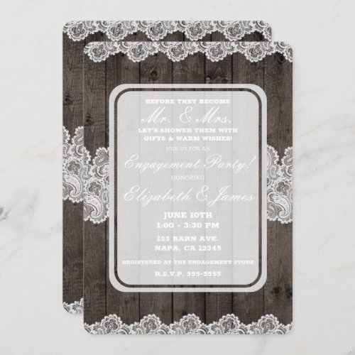 Rustic Dark Wood  Lace Elegant Engagement Party Invitation